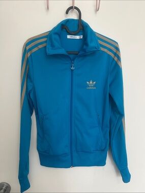 Adidas Originals Vintage Turquoise Blue Beige Trefoil Track Jacket / Size Small